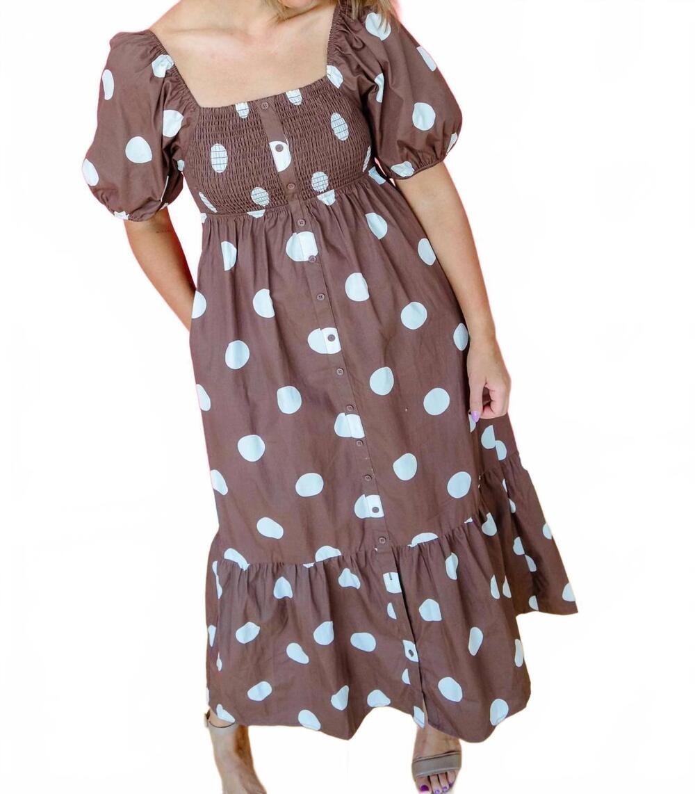 NEW WISHLIST puff sleeve midi dress in chocolate and white polka dot